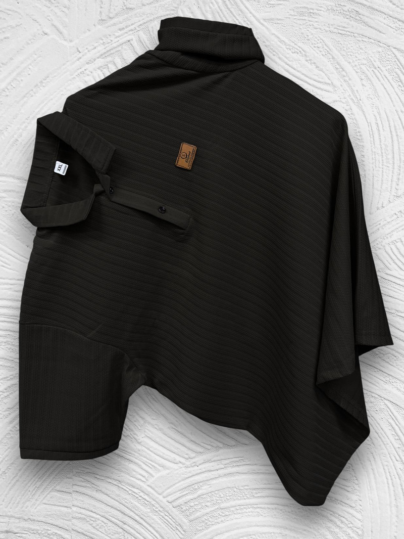 JINIK Men Self Design Polo Neck Elastane Black T-Shirt